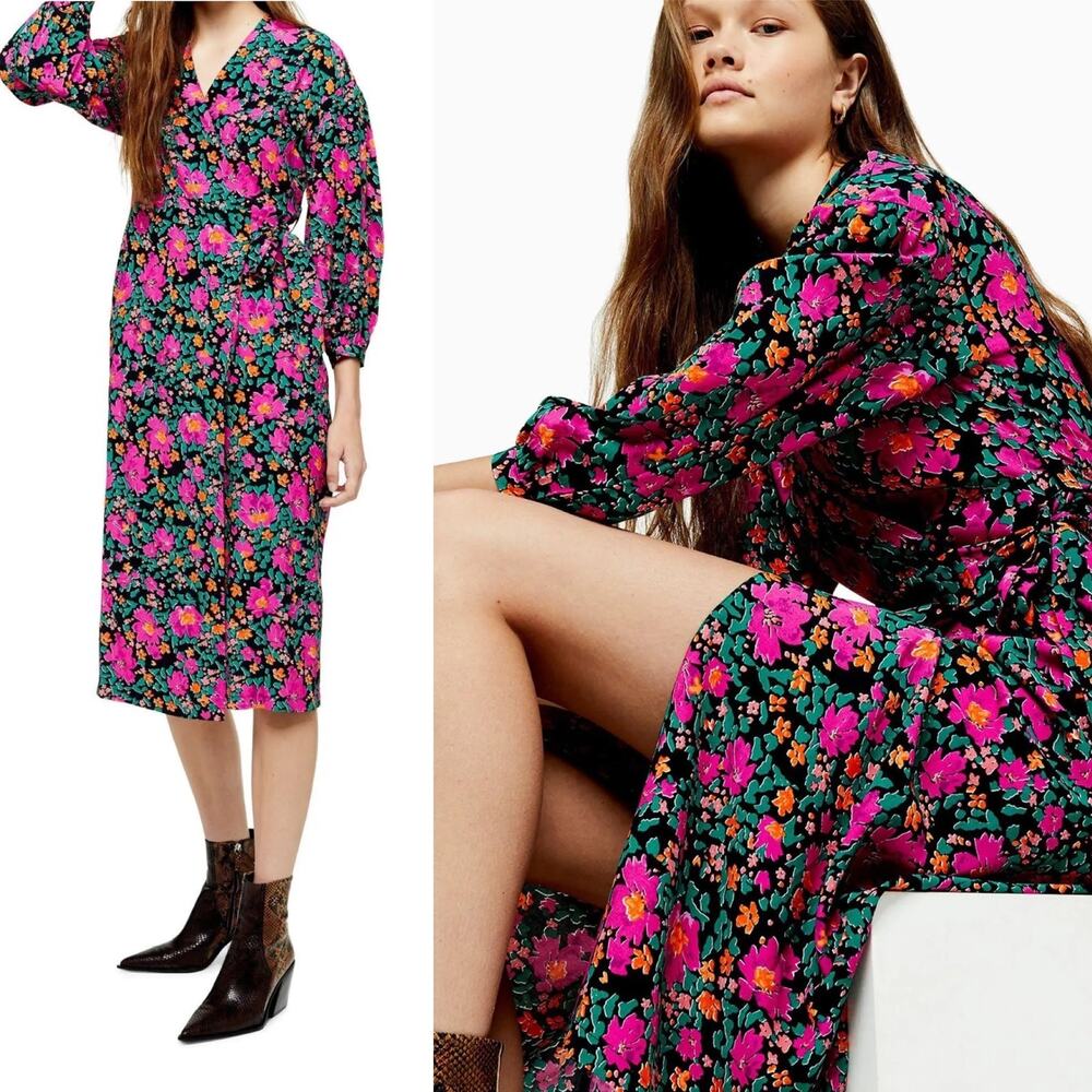 Topshop Black Midi Dress with Pink & Green Floral Print